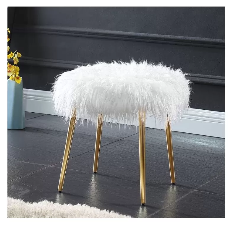 Modern Round White Faux Fur Vanity Stool DF-16